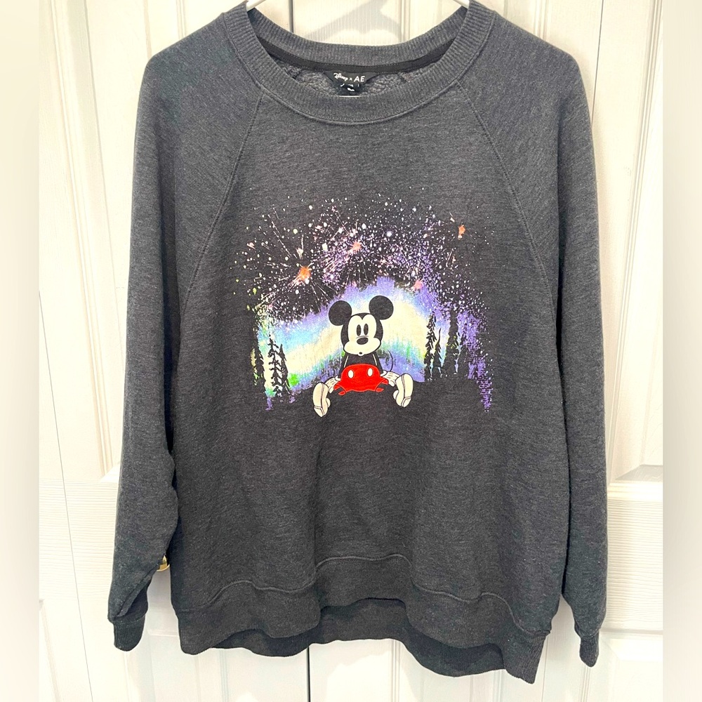 DISNEY x AE Mickey Mouse Dark Gray Crewneck Pullover Graphic Longsleeve